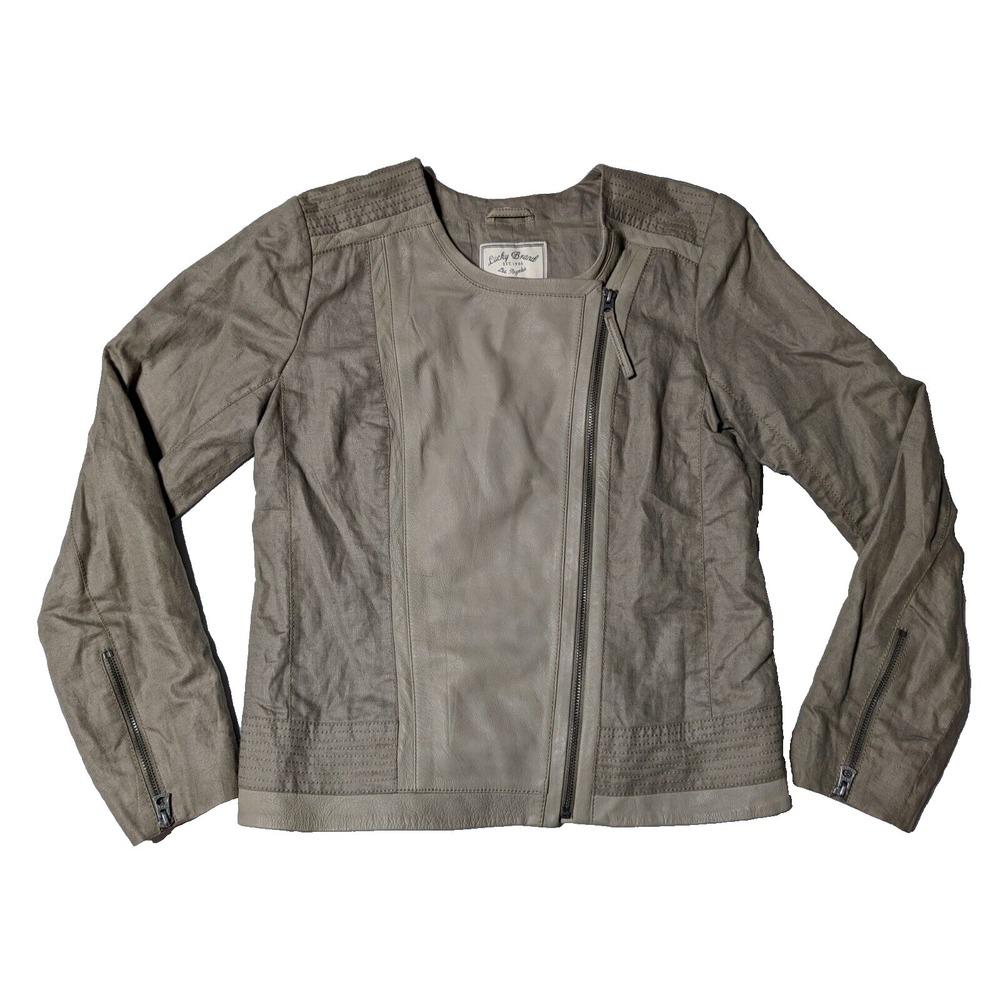 LUCKY BRAND LAMB LEATHER + LINEN Women Medium Taupe Asymmetrical Zip Moto Jacket
